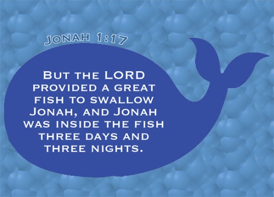 Jonah 1:17 - But the Lord provided a great fish to swallow Jonah, and Jonah was inside the fish three days and three nights.