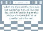 Genesis 32:25 - And when he saw that he prevailed not against him, he touched the hollow of his thigh; and the hollow of Jacob's thigh was out of joint, as he wrestled with him.