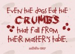 Matthew 15:27 - “Yes it is, Lord,” she said. “Even the dogs eat the crumbs that fall from their master’s table.”