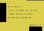 Micah 7:7 - But as for me, I watch in hope for the Lord, I wait for God my Savior; my God will hear me.