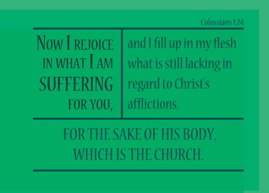 Colossians 1:24 - Now I rejoice in what I am suffering for you, and I fill up in my flesh what is still lacking in regard to Christ's afflictions, for the sake of his body, which is the church.